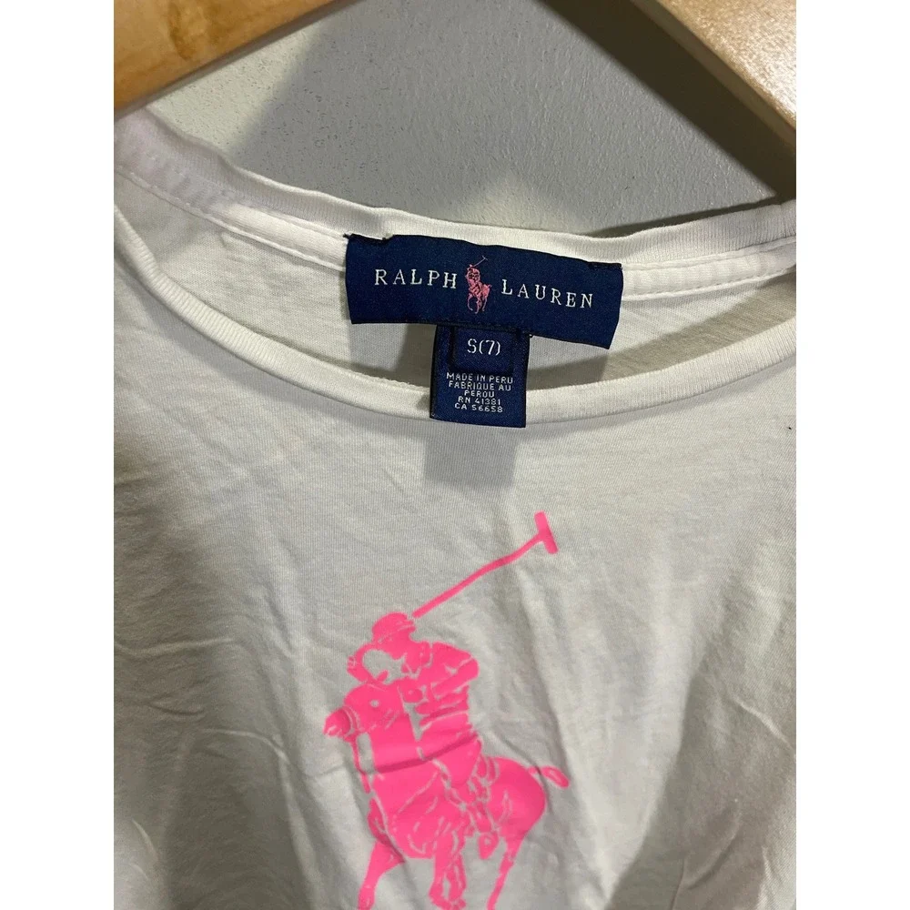 Ralph Lauren Big Pony T-Shirt Girls S(7) White Neon Pink Long Sleeve Casual Prep